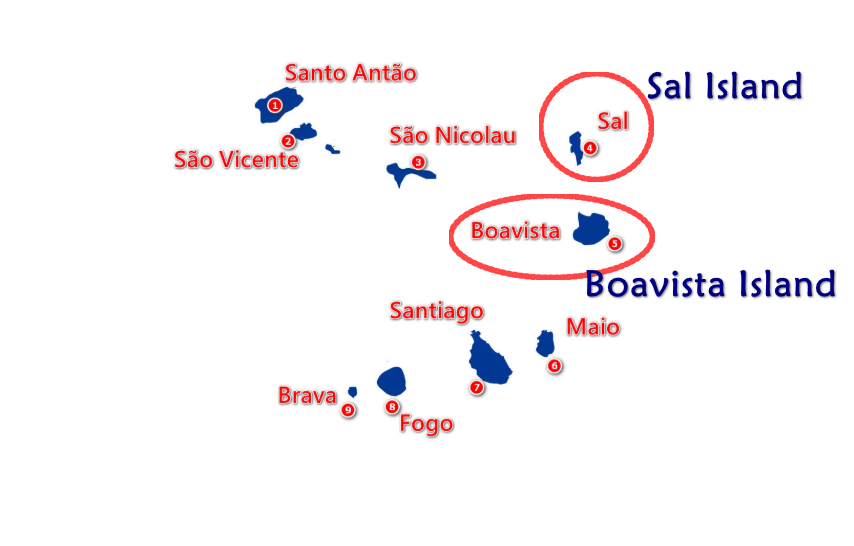 Map of Cape Verde islands with numbered locations, highlighting Sal and Boavista in red circles.
