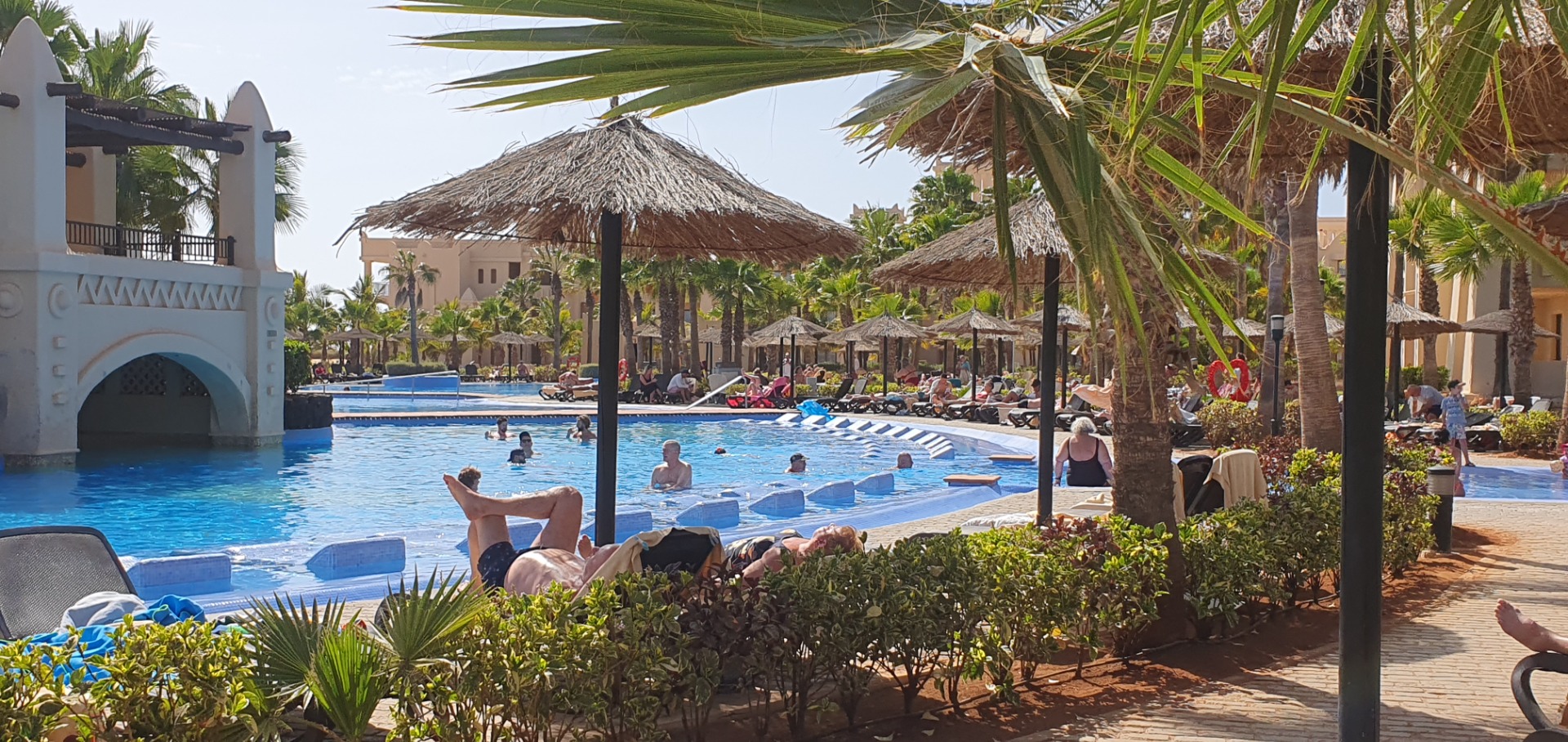 Sunny resort pool with thatched umbrellas, palm trees, and swimmers relaxing under blue water.