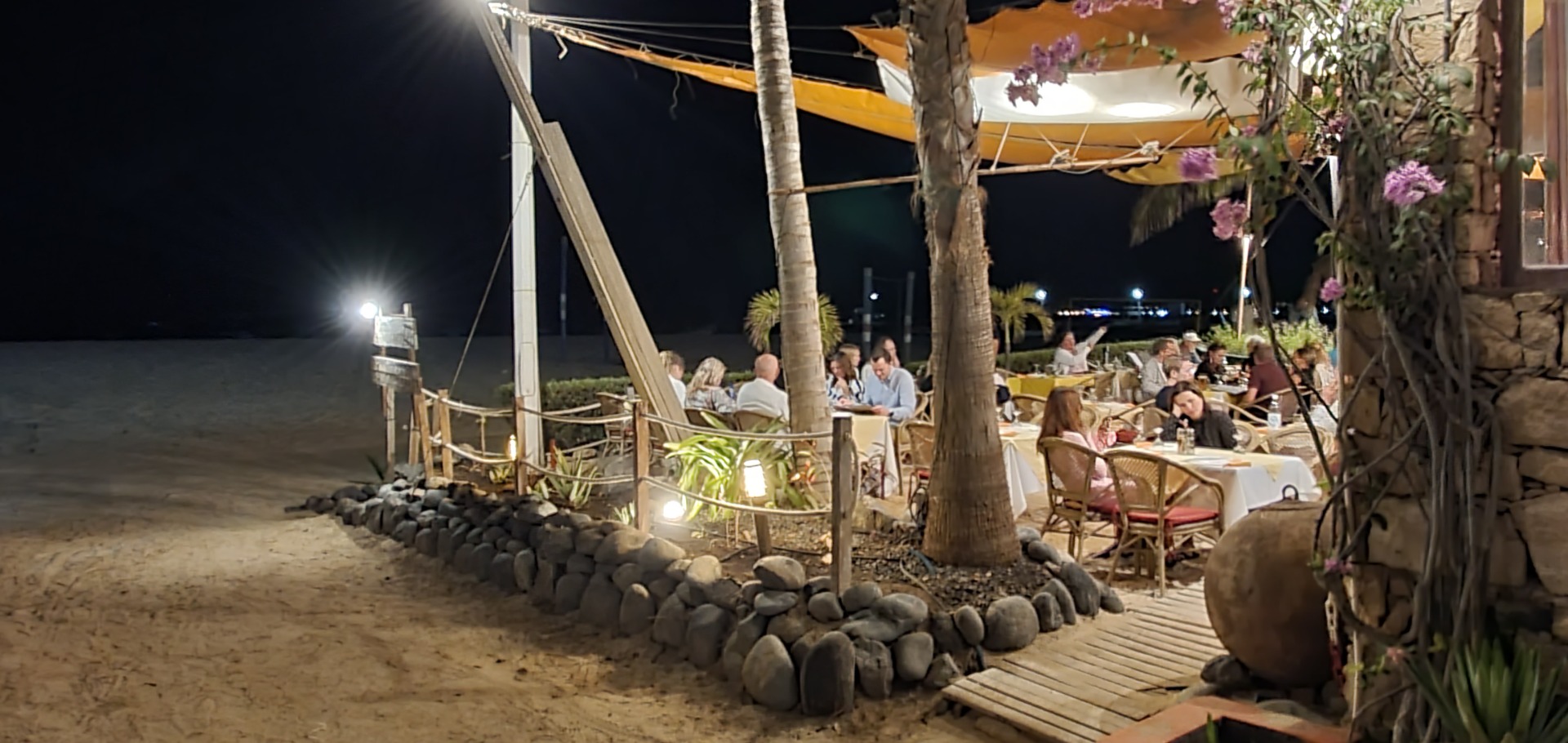 Outdoor nighttime dining area with guests seated at tables under string lights and palm trees.