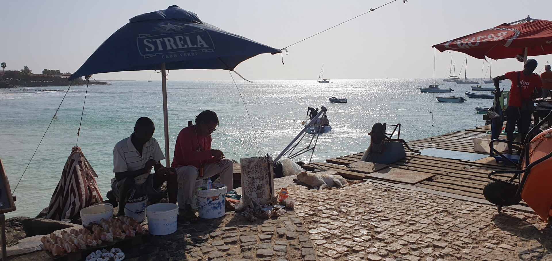 People sit on a dock under umbrellas, preparing food beside boats on a sunny ocean.
