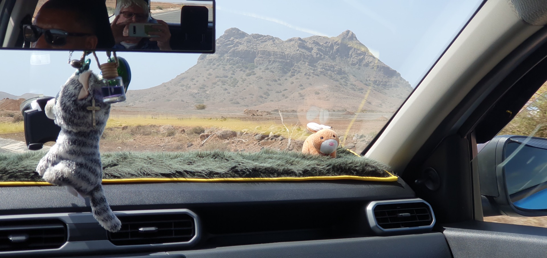 Person taking selfie in car mirror, plush cat and toy rabbit on dashboard, mountain landscape outside.