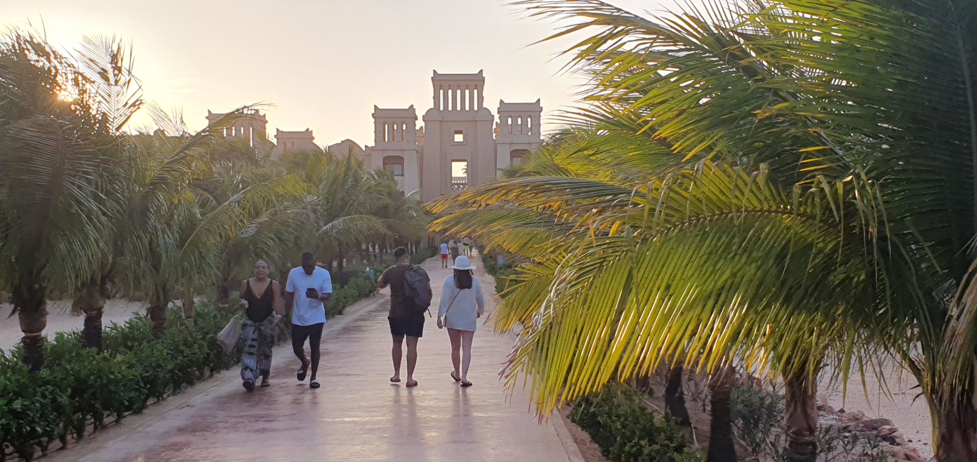 People walk along a palm-lined path toward a white building at sunset, framed by lush greenery.