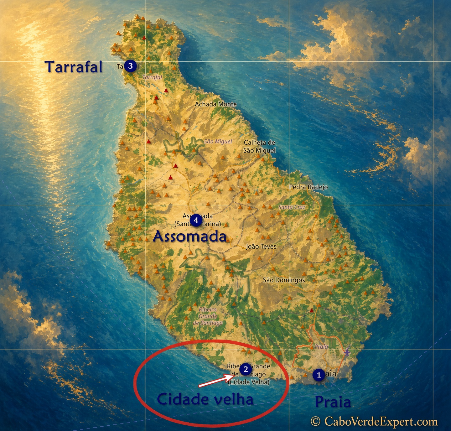 Map of Cape Verde showing Cidade Velha highlighted near Ribeira Grande de Santiago, with numbered markers.