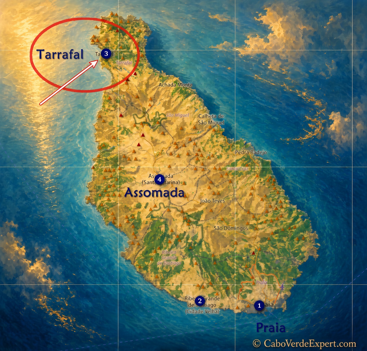 Map of Cape Verde with numbered locations, red circle around Tarrafal, and ocean surrounding islands.