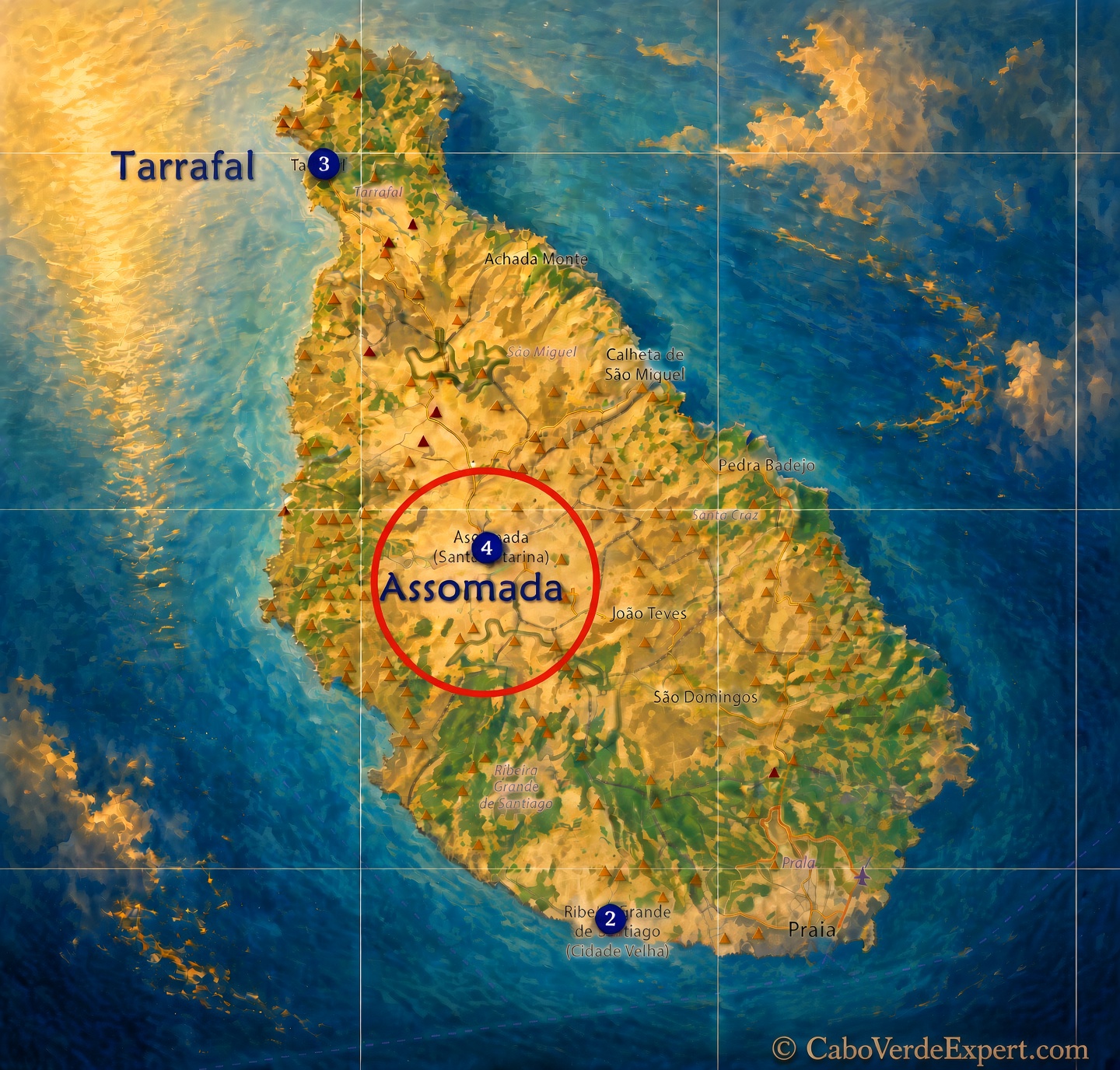 Colorful map of Cape Verde santiago island with labels, grid lines, and red circle highlighting Assomada.