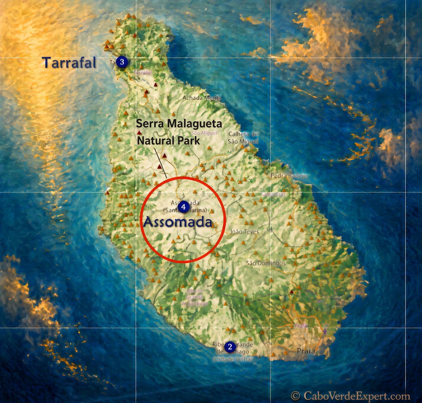 Map of Serra Malagueta Natural Park in Cape Verde, highlighting Assomada with a red circle.