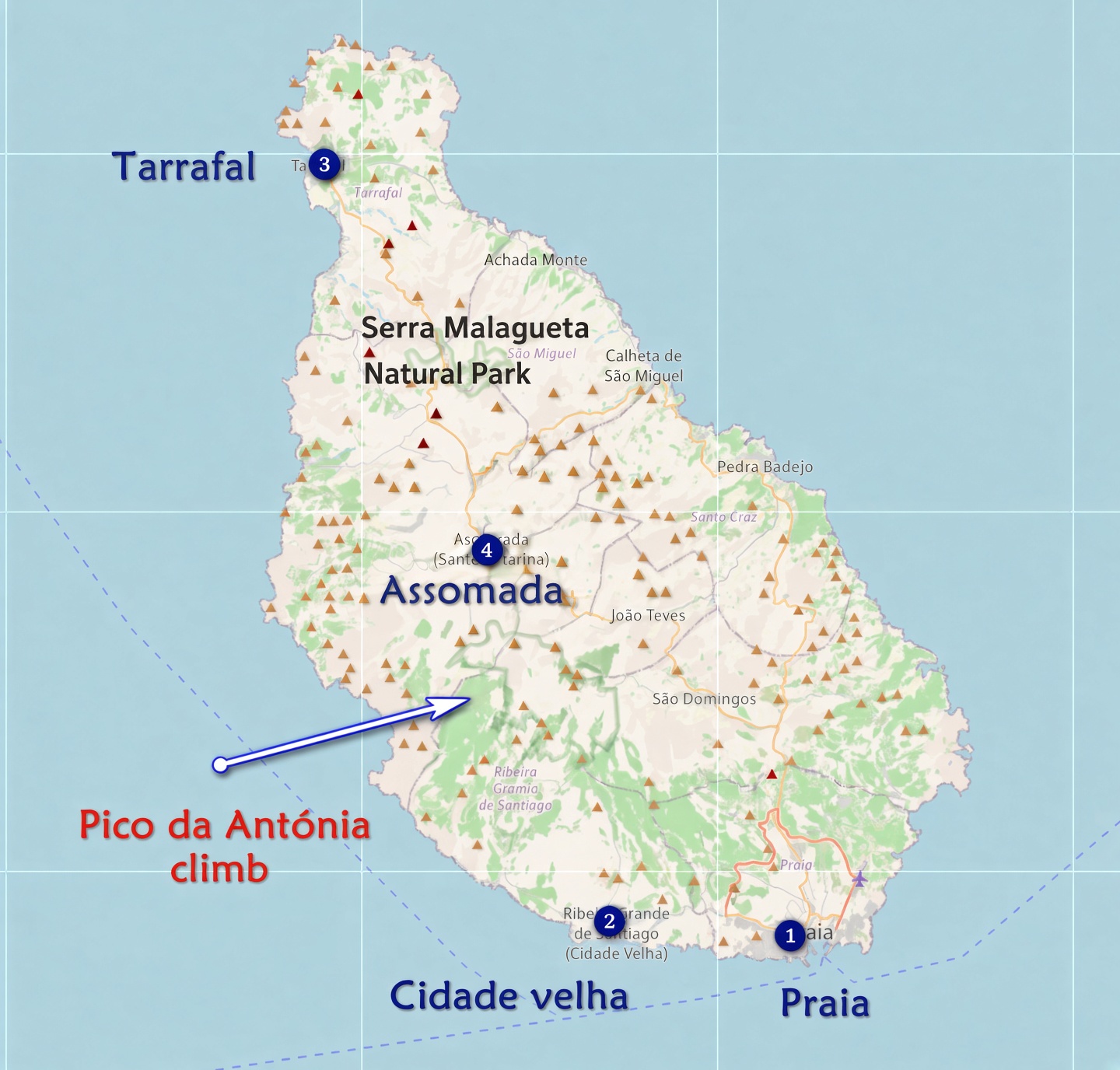 Map of santiago island cape verde island showing Serra Malagueta Natural Park, Assomada, and Pico da Antónia .