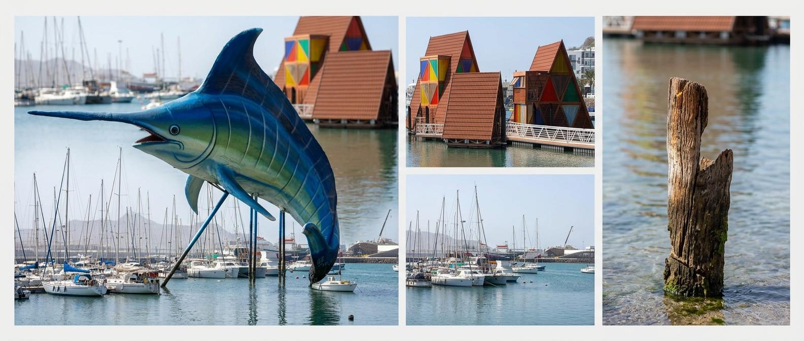 Bay of MIndelo, sao vicente island - Collage shows a blue shark sculpture, colorful triangular houses on water, and a weathered wooden post by harbor.