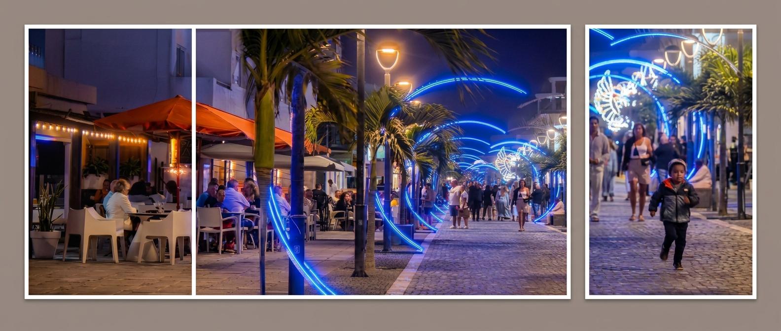 Sal Island - Nighttime promenade with palm trees, blue neon light arches, outdoor dining, and pedestrians walking along cobblestones.