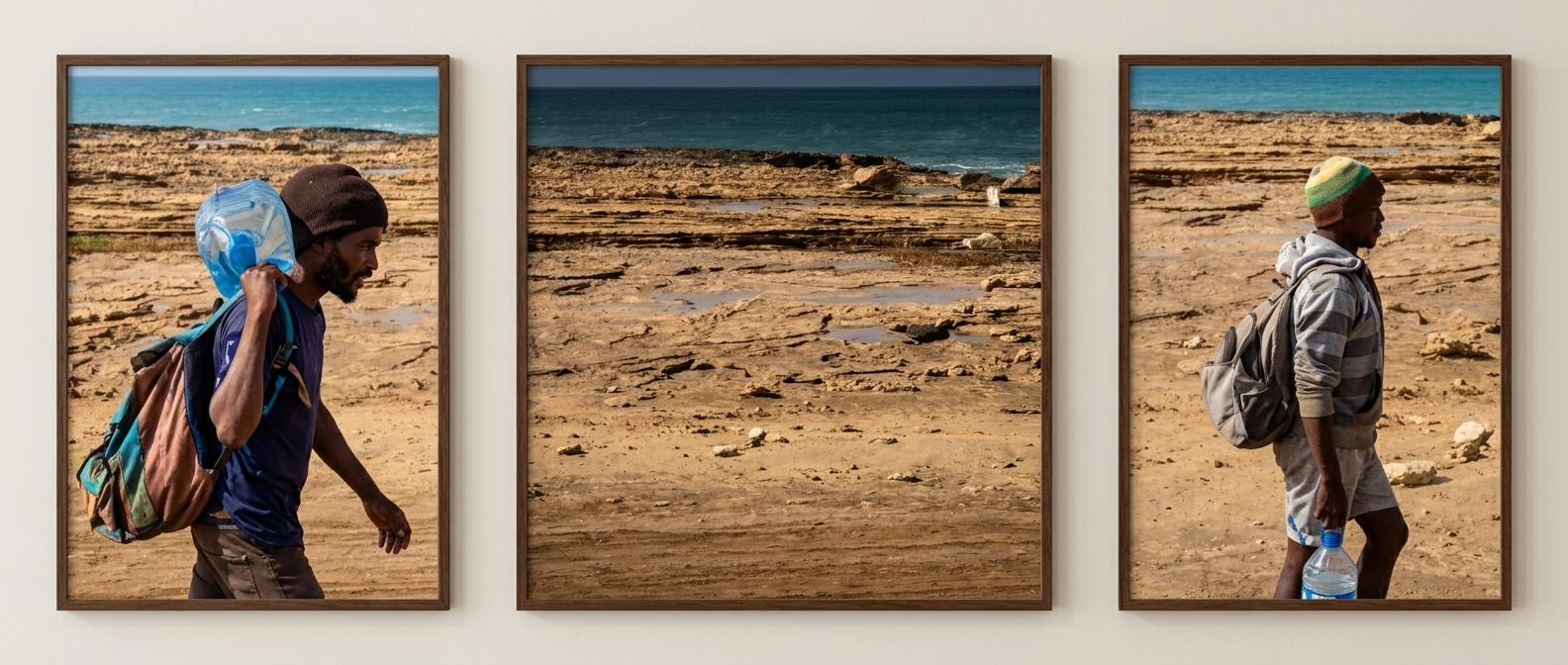 Murdeira Coastline - Sal island - Drei gerahmte Fotos zeigen Männer am Strand, einer trinkt aus einer Flasche, Meer und Felsen im Hintergrund.