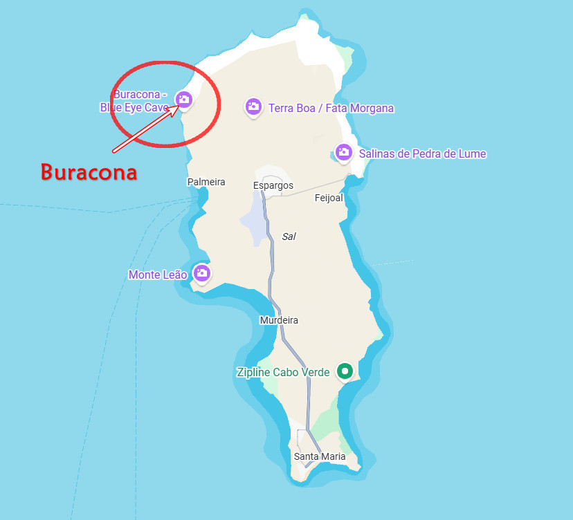 Karte von Cabo Verde mit markierten Orten wie Buracona, Monte Leão, Salinas de Pedra de Lume und Ziplines.